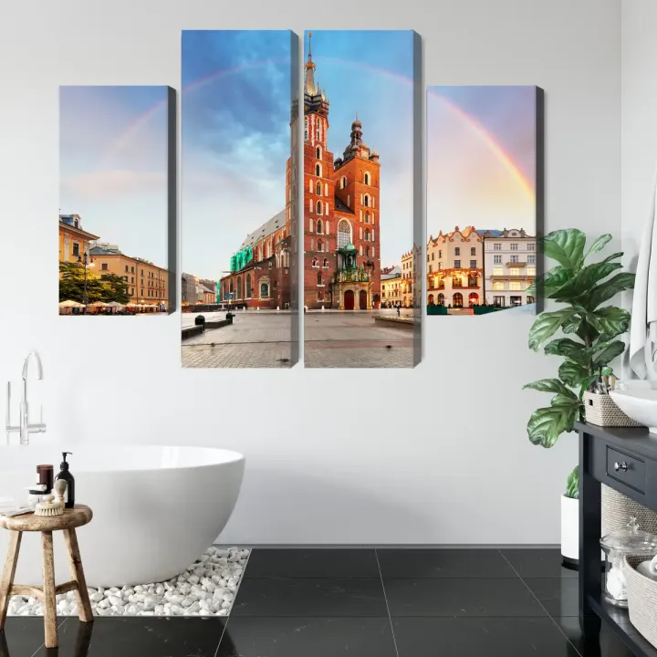 Obraz Wieloczęściowy Bazylika Mariacka – Gotycka Architektura Krakowa na Tęczowym Tle