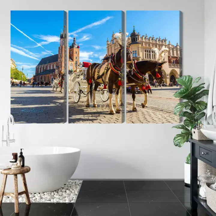 Obraz Wieloczęściowy Powozy Konne – Krakowski Rynek Główny i Kościół Mariacki