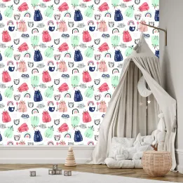 Tapeta Kolorowe Kotki – Skandynawskie Wzory dla Dziecięcego Pokoju