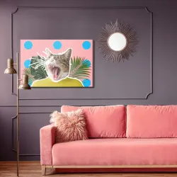 Obraz Kot i Liście – Pop Art w Żółci i Niebieskie Kropki