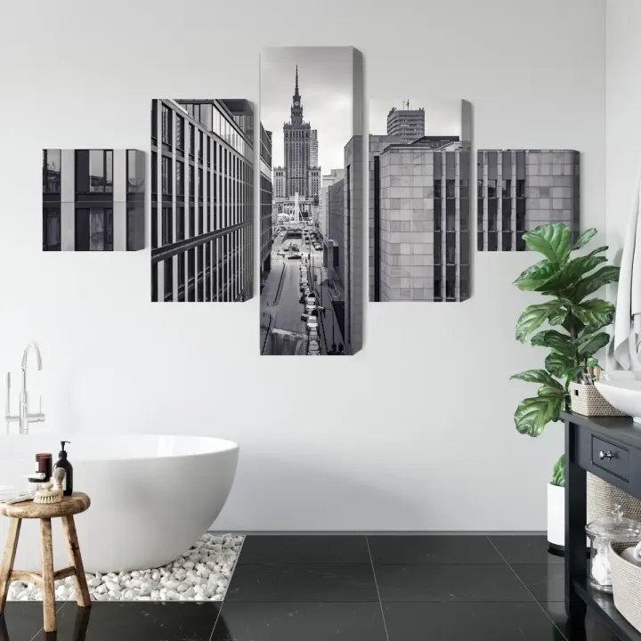 Obraz Wieloczęściowy Czarno-Biała Pano – Panorama Warszawy i Skyline Stolicy – produkt