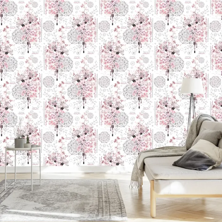 Tapeta Kwiaty i Ornamenty – Delikatne Róże i Geometryczne Wzory