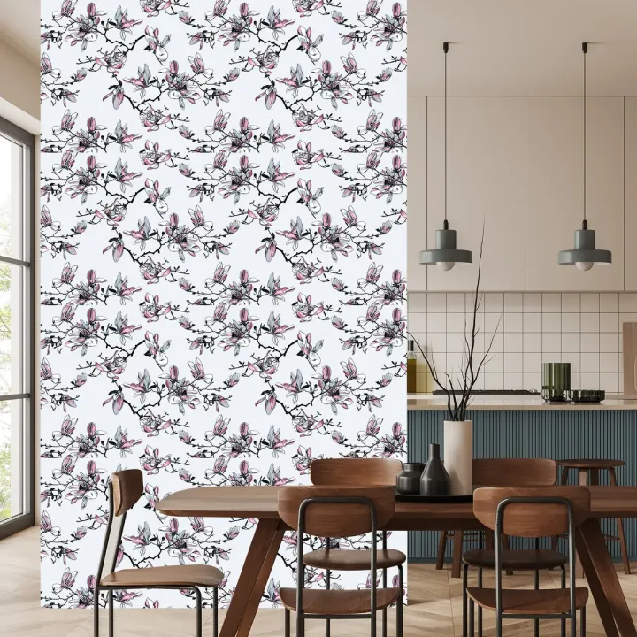 Tapeta Kwiaty Magnolii – Akwarelowe Gałęzie w Stylu Japońskiego Ogrodu