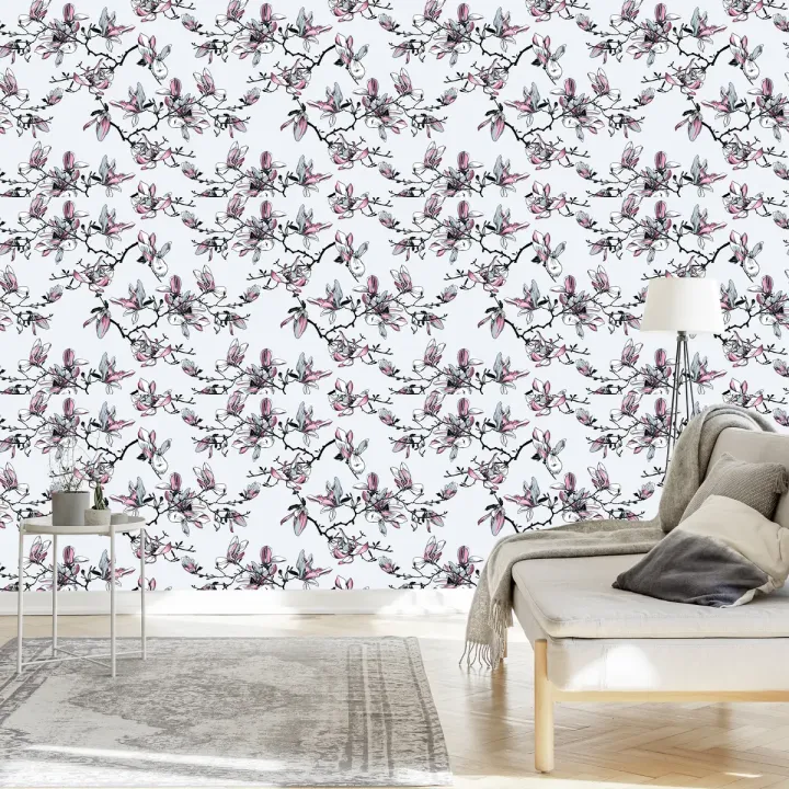 Tapeta Kwiaty Magnolii – Akwarelowe Gałęzie w Stylu Japońskiego Ogrodu