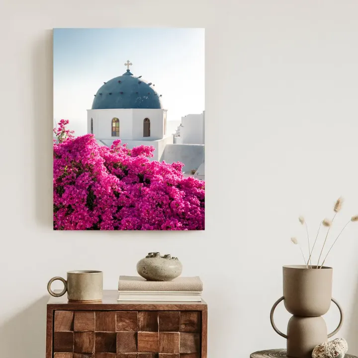 Plakat Santorini – Grecka Architektura i Bugenwilla – produkt
