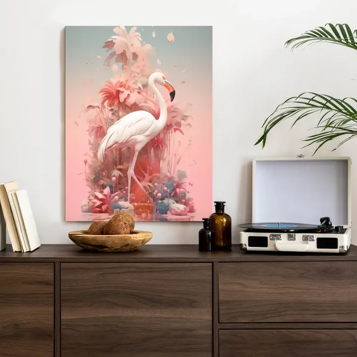 Plakat Surrealistyczna Ilustracja – Flaming i Tropikalny Krajobraz – produkt