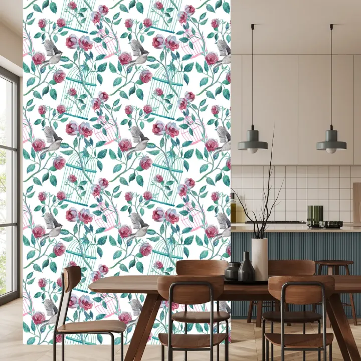 Tapeta Róże i Ptaki – Romantyczna Flora i Fauna do Ogrodu