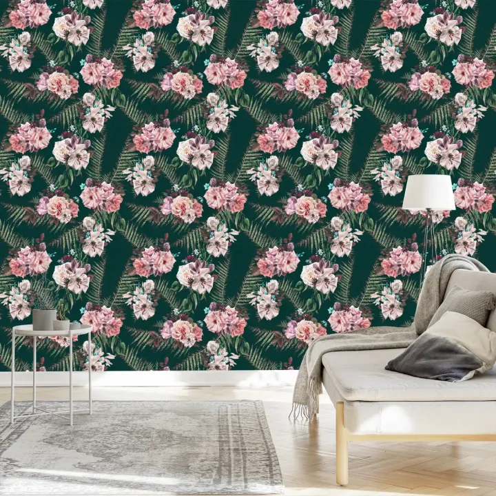 Tapeta Liście Paproci i Róże – Botaniczny Motyw Natury