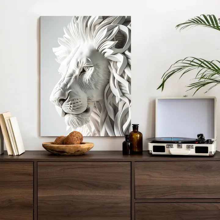Plakat Rzeźba Białego Lwa – Sztuka Dekoracyjna z Motywem Afrykańskim – produkt