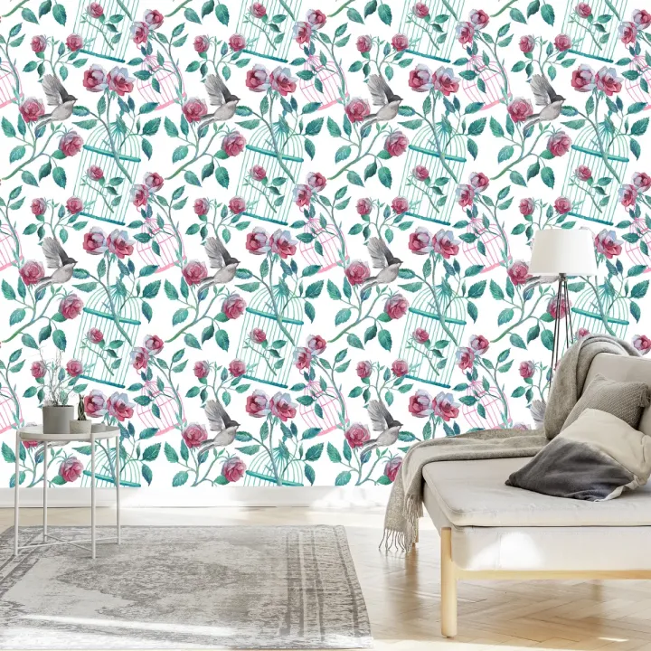 Tapeta Róże i Ptaki – Romantyczna Flora i Fauna do Ogrodu
