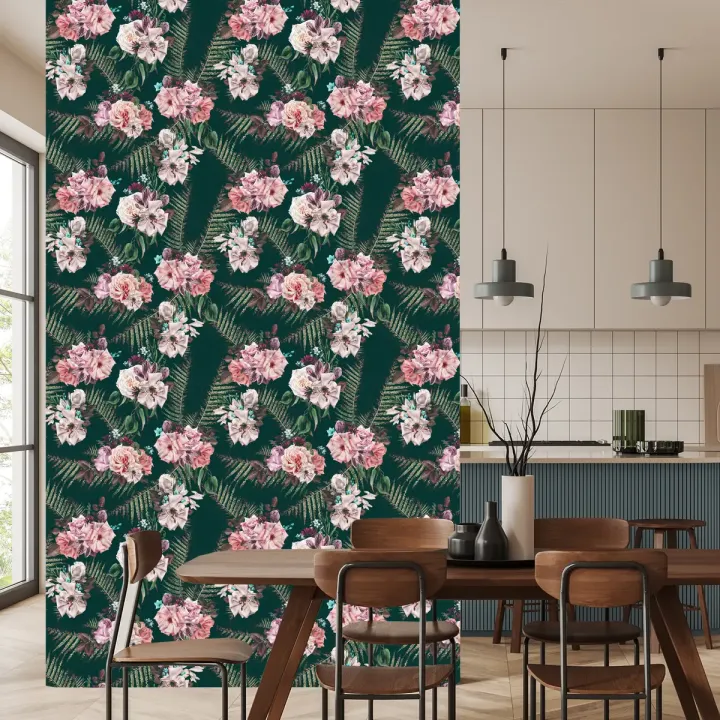 Tapeta Liście Paproci i Róże – Botaniczny Motyw Natury