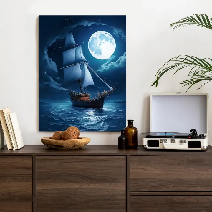 Plakat Statek Na Spokojnym Morzu – Nocna Żegluga przy Pełni Księżyca – produkt