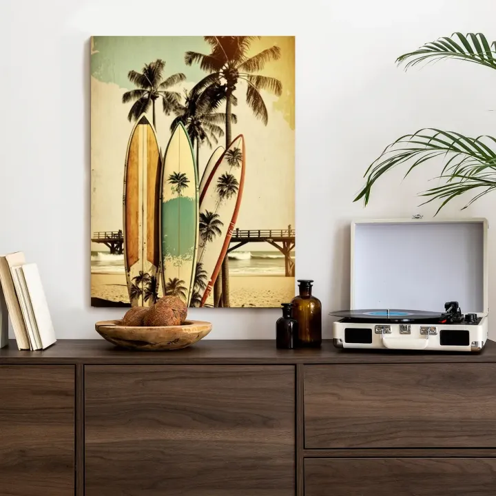 Plakat Deski Surfingowe Na Plaży – Wakacyjny Klimat i Styl Plażowy – produkt