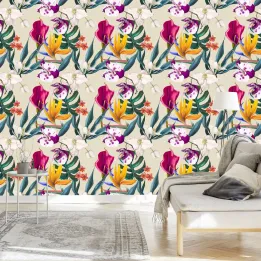 Tapeta Kwiaty Z – Egzotyczny Ogród z Orchideami i Ptakami Rajskimi