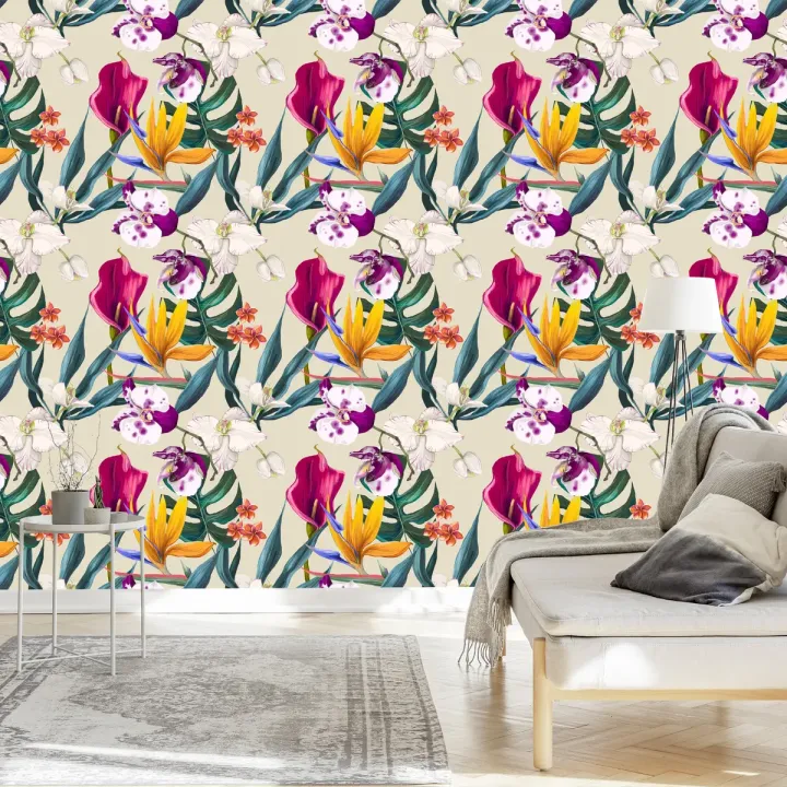 Tapeta Kwiaty Z – Egzotyczny Ogród z Orchideami i Ptakami Rajskimi