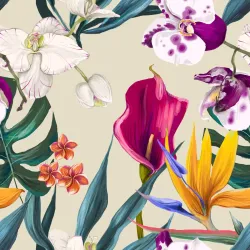 Tapeta Kwiaty Z – Egzotyczny Ogród z Orchideami i Ptakami Rajskimi