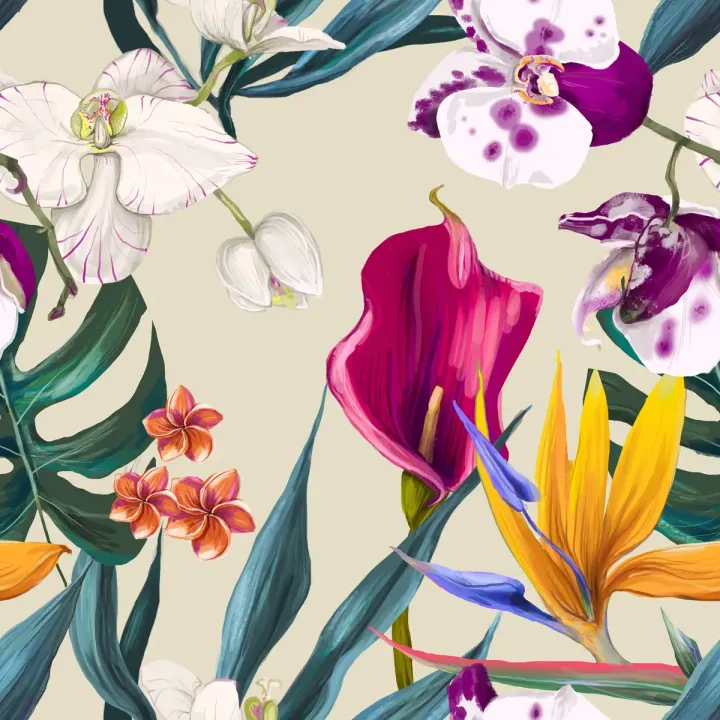 Tapeta Kwiaty Z – Egzotyczny Ogród z Orchideami i Ptakami Rajskimi – produkt