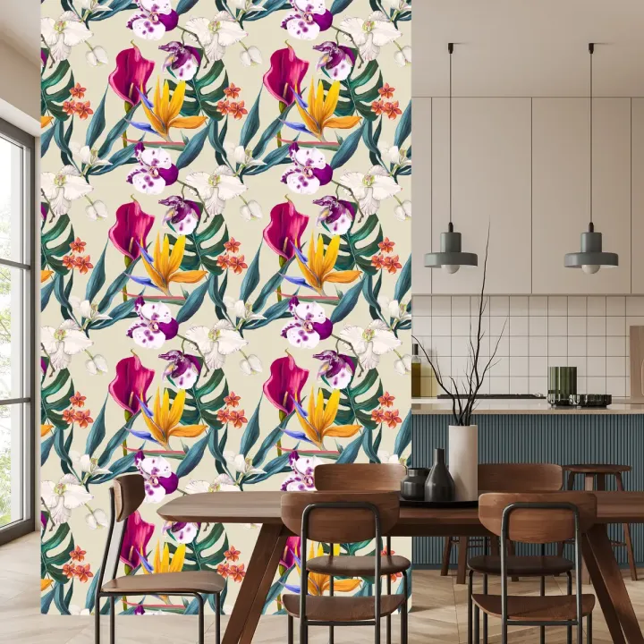 Tapeta Kwiaty Z – Egzotyczny Ogród z Orchideami i Ptakami Rajskimi