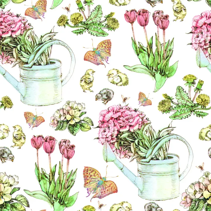 Tapeta Kwiaty W Konewce – Wiosenny Ogród z Tulipanami i Motylami – produkt
