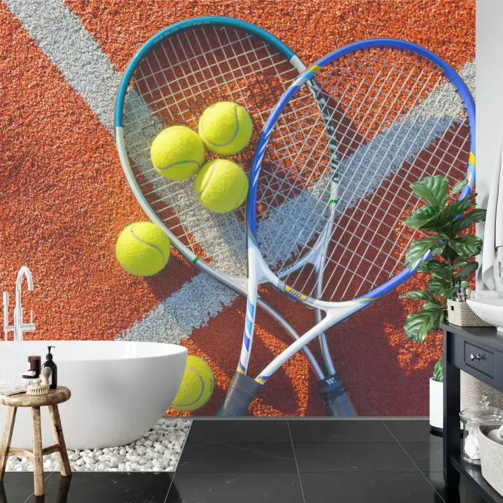 Fototapeta Piłki Tenisowe z Rakietami – Sportowa Energia na Kort Tenisowy