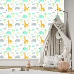 Tapeta Safari – Zwierzątka i Tęcza w Dziecięcym Pokoju