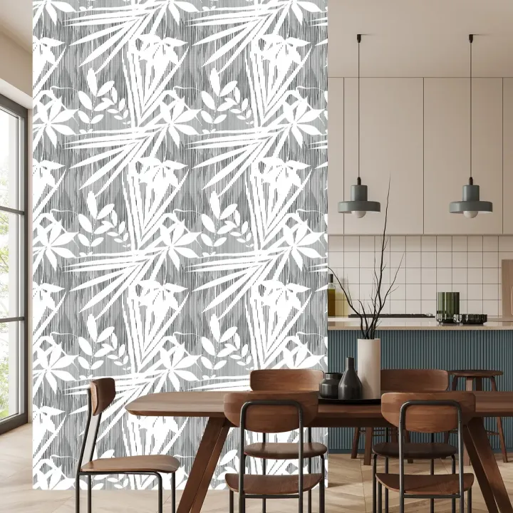 Tapeta Egzotyczne Liście – Abstrakcyjna Geometria w Szarościach