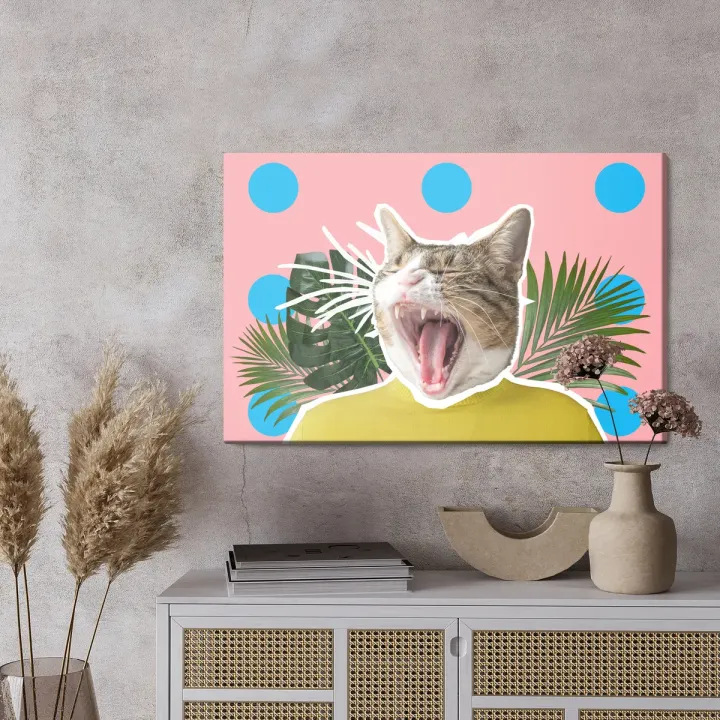 Obraz Kot i Liście – Pop Art w Żółci i Niebieskie Kropki