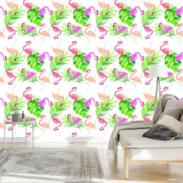 Tapeta Flamingi – Tropikalny Raj z Liśćmi Palmowymi