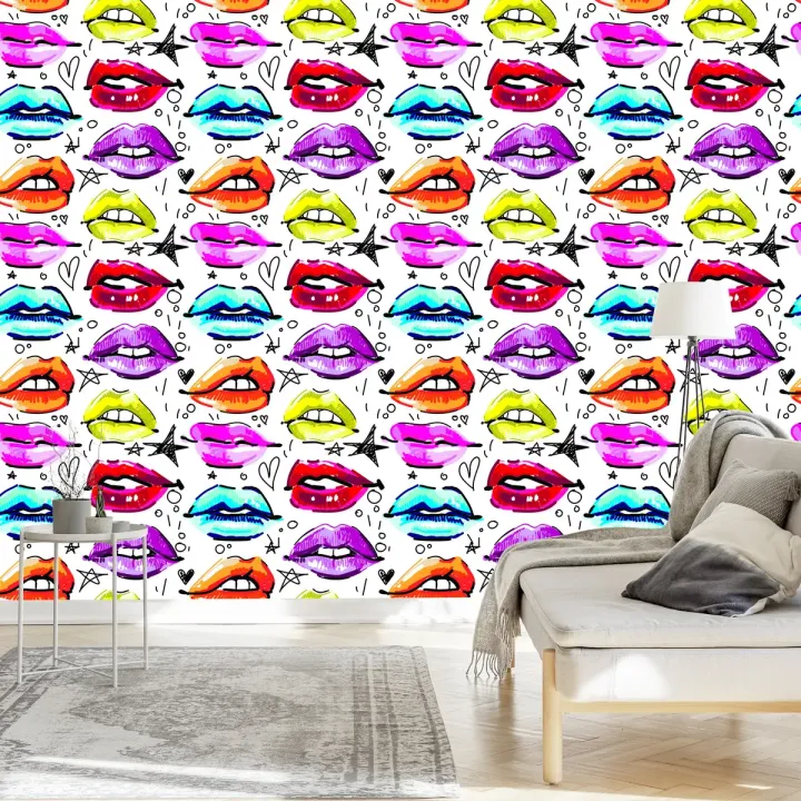Tapeta Pop-Art – Kolorowe Usta, Gwiazdy i Serca