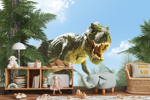 Fototapeta Wielki Dinozaur T-Rex I Palmy - aranżacja salon