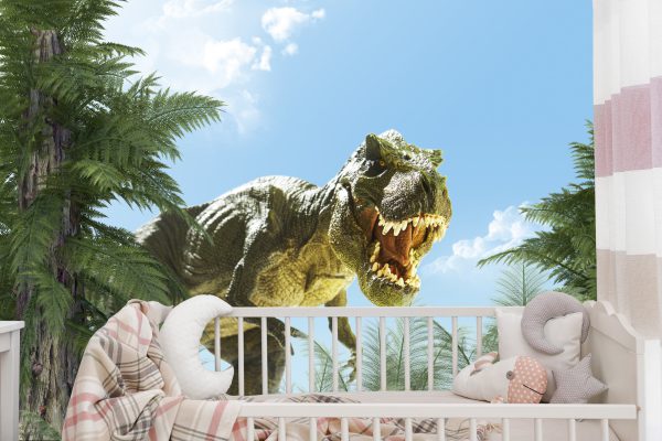 Fototapeta Wielki Dinozaur T-Rex I Palmy - aranżacja mieszkania