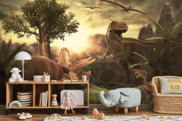 Fototapeta Dinozaury O Zachodzie Słońca - aranżacja salon