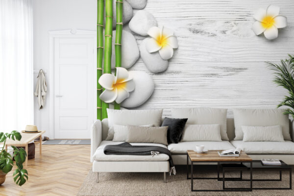 Fototapeta Bambusy Z Kwiatami I Kamieniami - aranżacja mieszkania