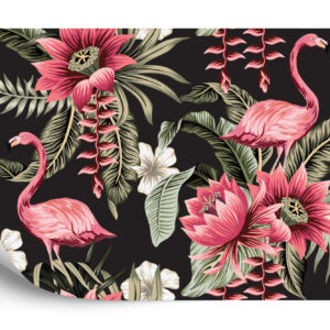 Fototapeta Tropikalne Kwiaty I Flamingi Vintage - aranżacja