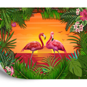 Fototapeta Flamingi Za Ceglaną Ścianą - aranżacja