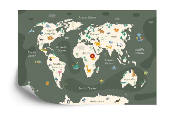 Fototapeta The World Map With Cartoon Animals For Kids