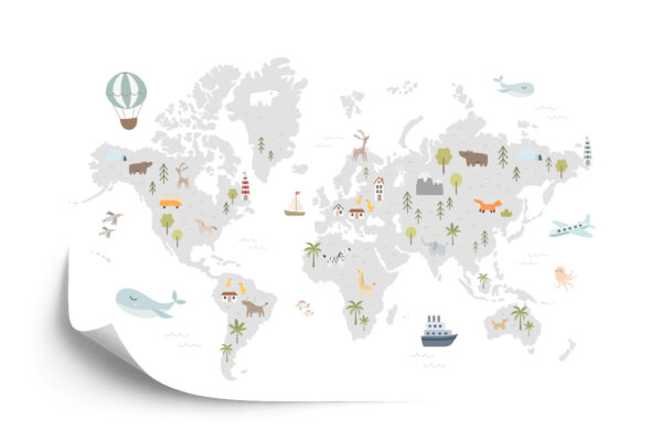 Fototapeta World Map With Cute Animals In Cartoon Style. Map For Nursery