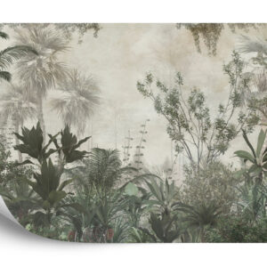 Fototapeta Tropical Trees And Leaves Wallpaper Design In Foggy Forest - 3D - aranżacja