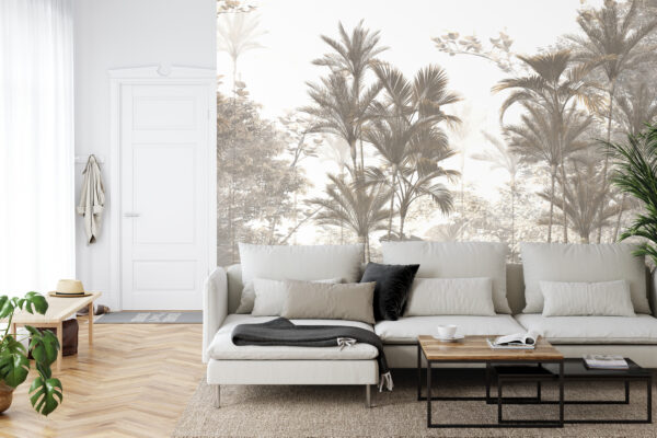 Fototapeta Tropical Trees And Leaves Wallpaper Design In Foggy Forest - 3D - aranżacja mieszkania
