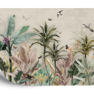 Fototapeta Wallpaper Palm Tropical Forest Vintage Jungle Pattern With Birds - aranżacja