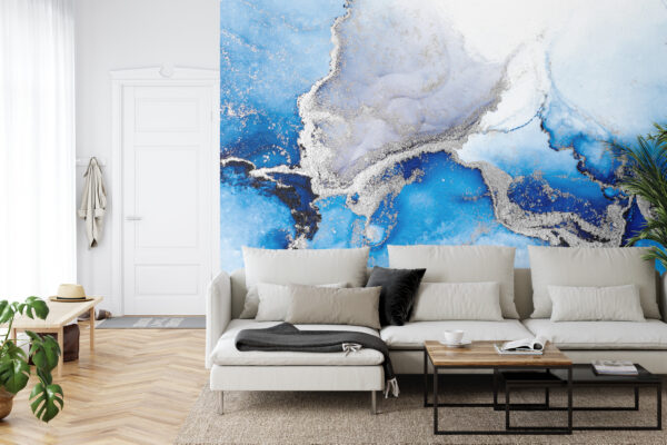 Fototapeta Blue Silver Abstract Background Of Marble Liquid Ink Art Painting On Paper . Image Of Original Artwork Watercolor Alcohol Ink Paint On High Quality Paper Texture . - aranżacja mieszkania
