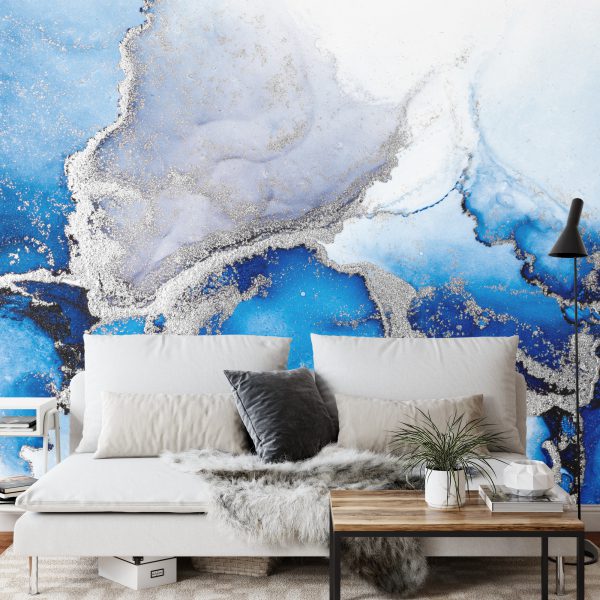Fototapeta Blue Silver Abstract Background Of Marble Liquid Ink Art Painting On Paper . Image Of Original Artwork Watercolor Alcohol Ink Paint On High Quality Paper Texture . - wzór fototapety