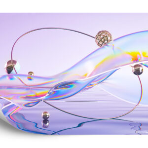 Fototapeta Abstract 3D Render. Glass Ribbon On Water With Geometric Circle And Spheres. Holographic Shape In Motion. Iridescent Digital Art For Banner Background