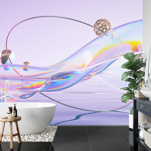 Fototapeta Abstract 3D Render. Glass Ribbon On Water With Geometric Circle And Spheres. Holographic Shape In Motion. Iridescent Digital Art For Banner Background