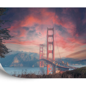 Fototapeta Beautiful View Of Golden Gate Bridge In Background Of Mountains During Sunset - aranżacja