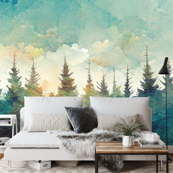 Fototapeta Forest Silhouette Background. Watercolor Painting Of A Spruce Forest - wzór fototapety