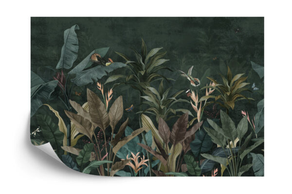 Fototapeta Wallpaper Palm Tropical Forest Vintage Jungle Pattern With Birds Dark Mood - aranżacja