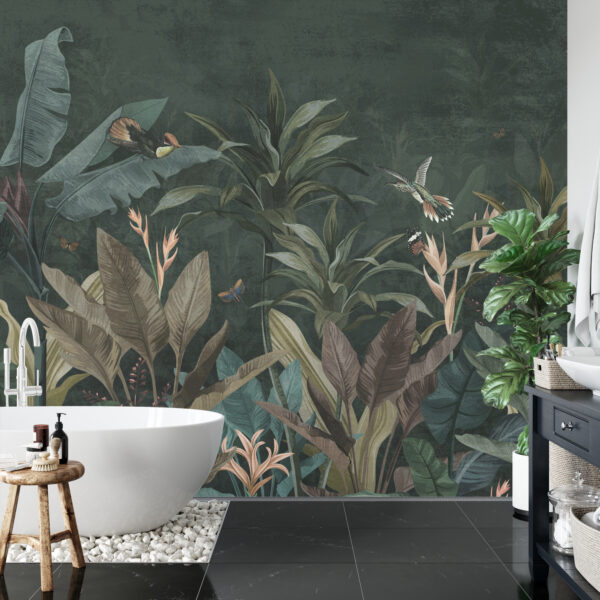 Fototapeta Wallpaper Palm Tropical Forest Vintage Jungle Pattern With Birds Dark Mood - aranżacja salon