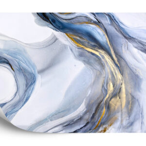 Fototapeta Abstract Blue Art With Gray And Gold — Light Blue Background With Beautiful Smudges And Stains Made With Alcohol Ink And Golden Paint. Blue Fluid Texture Poster Resembles Watercolor Or Aquarelle. - aranżacja