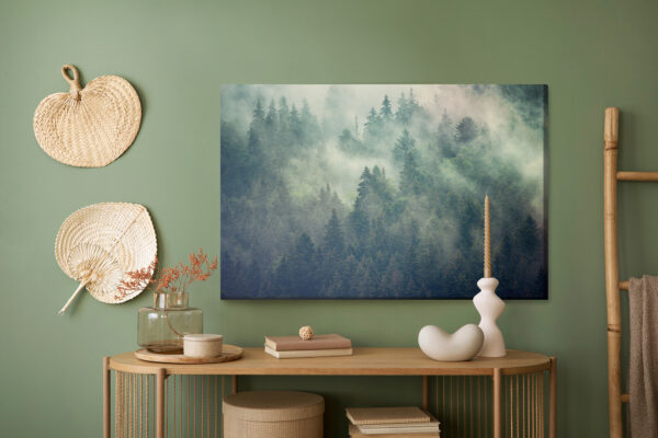 Obraz Na Płótnie Misty Landscape With Fir Forest In Hipster Vintage Retro Style - aranżacja mieszkania